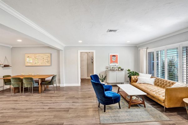 Dining room, Interior, Living room, Recessed Lighting, Wood Texture Flooring