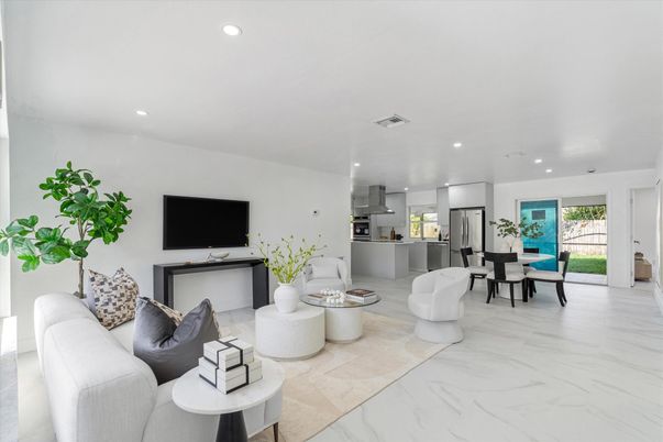 Dining room, Interior, Kitchen, Living room, Marble, Recessed Lighting, Stainless Steel Appliances