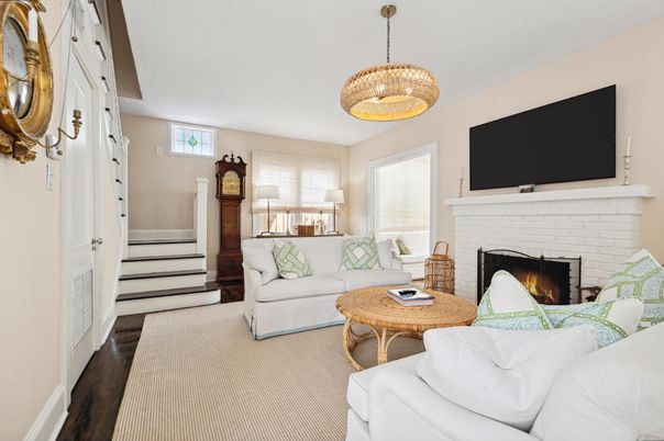 Fireplace, Interior, Living room, Pendant Lights, Wood Texture Flooring