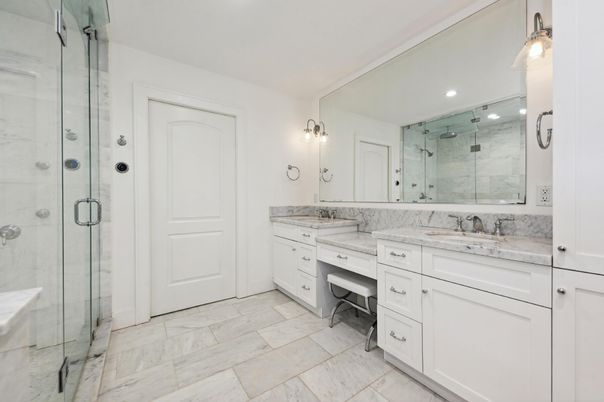 Bathroom, Dual Sink Vanities, Glass Shower, Interior, Recessed Lighting