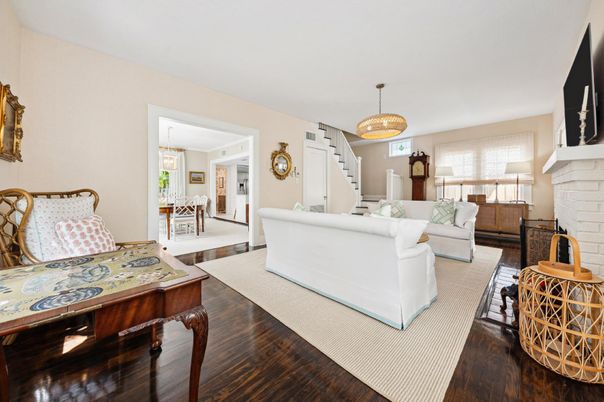 Dining room, Fireplace, Interior, Living room, Pendant Lights, Wood Texture Flooring
