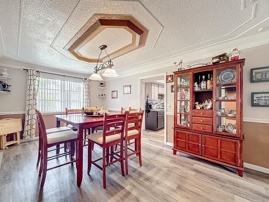 Dining room, Interior, Pendant Lights, Wood Texture Flooring