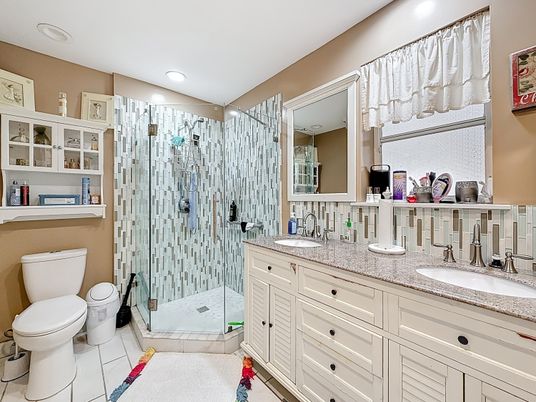 Bathroom, Dual Sink Vanities, Glass Shower, Interior, Recessed Lighting