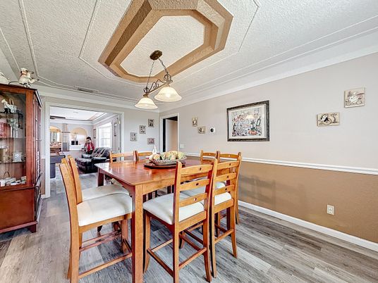 Dining room, Interior, Pendant Lights, Wood Texture Flooring