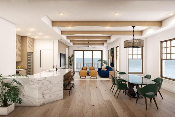 Dining room, Interior, Kitchen, Living room, Pendant Lights, Recessed Lighting, Water, Wooden Beams, Wooden Ceilings, Wood Texture Flooring