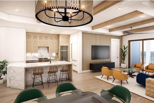 Chandelier, Interior, Kitchen, Living room, Marble Walls, Recessed Lighting, Water, Wooden Beams, Wood Texture Flooring