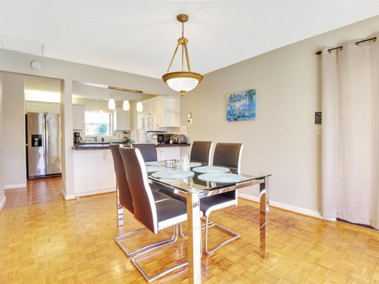 Dining room, Interior, Kitchen, Pendant Lights, Stainless Steel Appliances, Wood Texture Flooring