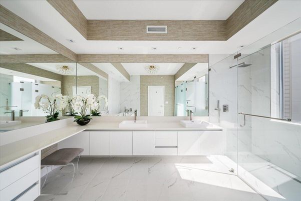 Bathroom, Dual Sink Vanities, Glass Shower, Interior, Marble, Marble Walls, Recessed Lighting