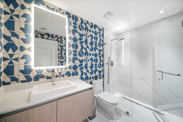 Bathroom, Glass Shower, Interior, Marble, Marble Walls, Recessed Lighting