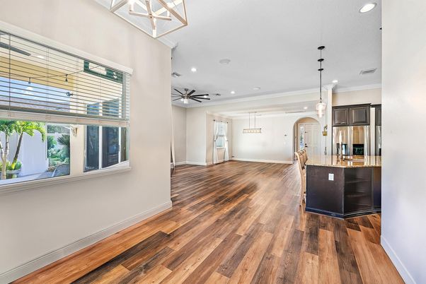 Interior, Kitchen, Pendant Lights, Recessed Lighting, Wood Texture Flooring