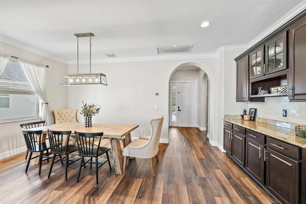 Dining room, Interior, Pendant Lights, Recessed Lighting, Wood Texture Flooring