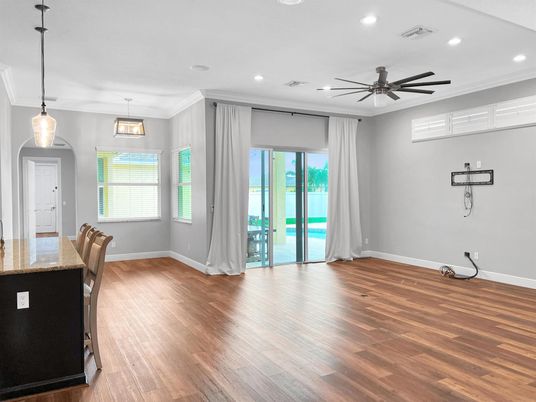 Empty room, Interior, Pendant Lights, Recessed Lighting, Wood Texture Flooring