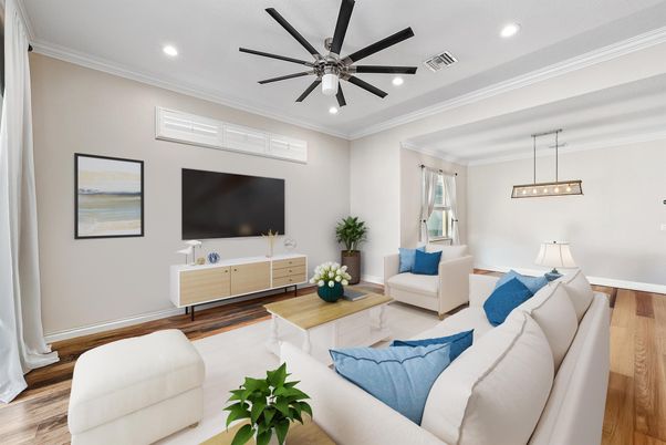 Interior, Living room, Pendant Lights, Recessed Lighting, Wood Texture Flooring