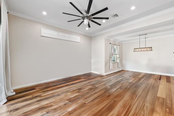Empty room, Interior, Pendant Lights, Recessed Lighting, Wood Texture Flooring