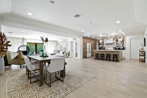 Dining room, Interior, Kitchen, Pendant Lights, Recessed Lighting, Stainless Steel Appliances, Wood Texture Flooring