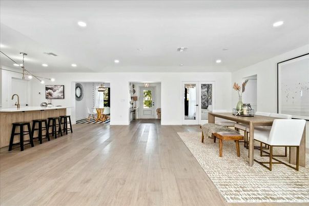Dining room, Interior, Pendant Lights, Recessed Lighting, Wood Texture Flooring