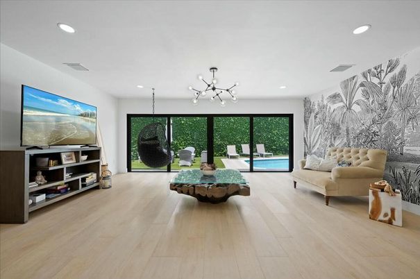 Interior, Living room, Pendant Lights, Recessed Lighting, Wood Texture Flooring