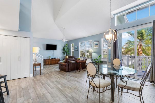 Dining room, Interior, Living room, Pendant Lights, Wood Texture Flooring