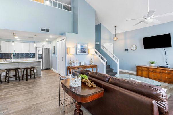 Dining room, Interior, Kitchen, Living room, Pendant Lights, Recessed Lighting, Stainless Steel Appliances, Wood Texture Flooring