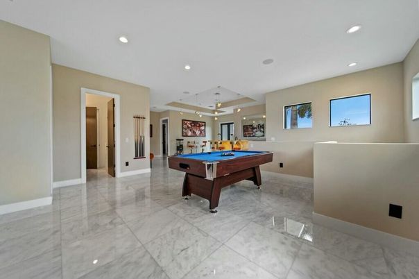 Billiard Table, Game Room, Interior, Marble, Pendant Lights, Recessed Lighting