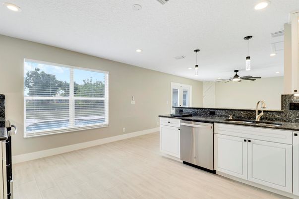 Interior, Kitchen, Pendant Lights, Recessed Lighting, Wood Texture Flooring