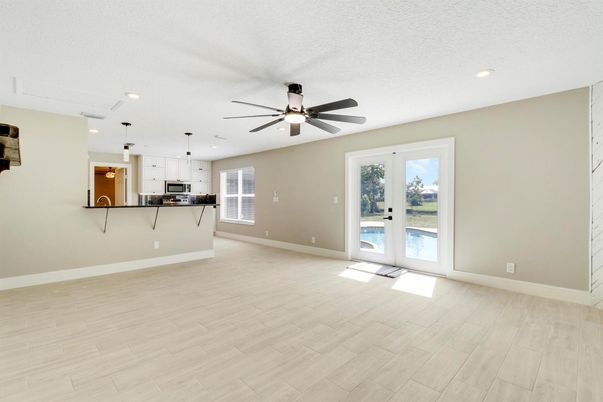 Empty room, Interior, Kitchen, Pendant Lights, Recessed Lighting, Wood Texture Flooring