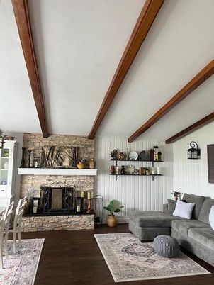 Fireplace, Interior, Living room, Stone Walls, Wooden Beams, Wood Texture Flooring