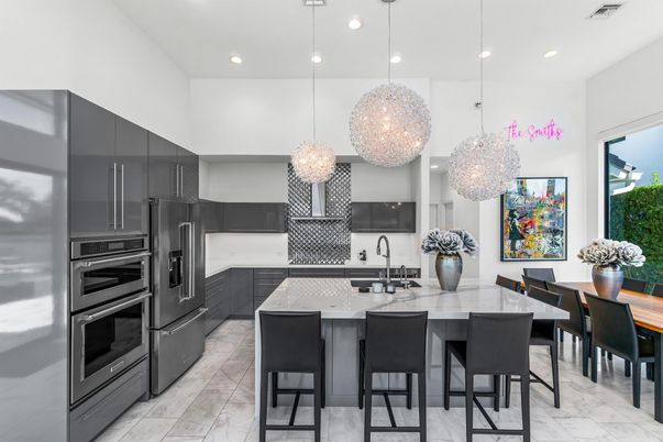 Interior, Kitchen, Marble, Pendant Lights, Recessed Lighting, Stainless Steel Appliances