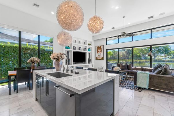 Dining room, Interior, Kitchen, Living room, Marble, Pendant Lights, Recessed Lighting