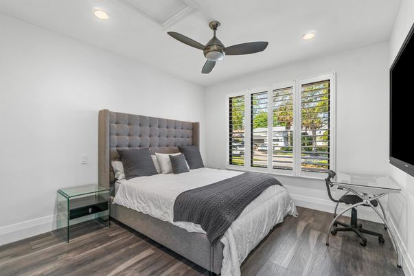 Bedroom, Interior, Recessed Lighting, Wood Texture Flooring