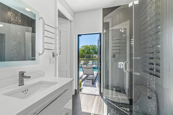 Bathroom, Glass Shower, Interior, Recessed Lighting, Wood Texture Flooring