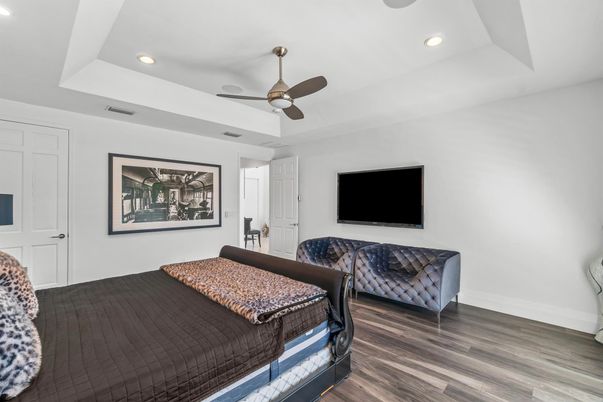Bedroom, Interior, Recessed Lighting, Wood Texture Flooring