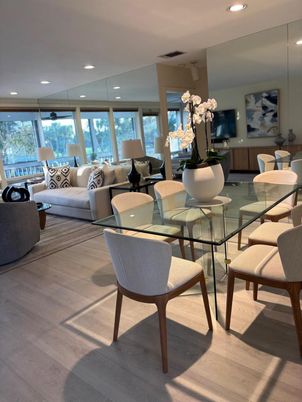 Dining room, Interior, Living room, Recessed Lighting, Wood Texture Flooring