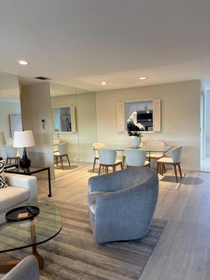 Dining room, Interior, Living room, Recessed Lighting, Wood Texture Flooring