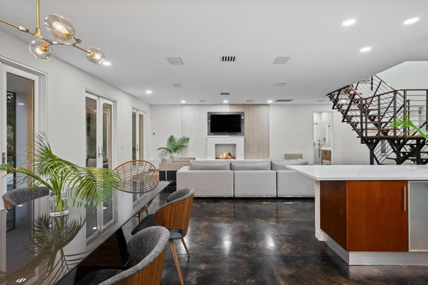 Dining room, Fireplace, Interior, Living room, Pendant Lights, Recessed Lighting