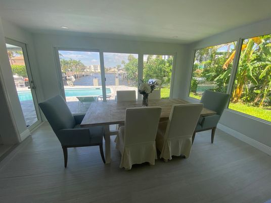 Dining room, Interior, Recessed Lighting, Water, Wood Texture Flooring
