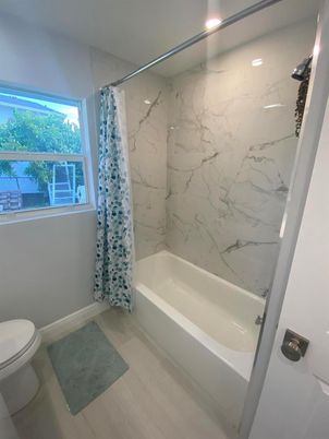 Bathroom, Interior, Marble Walls, Recessed Lighting, Wood Texture Flooring