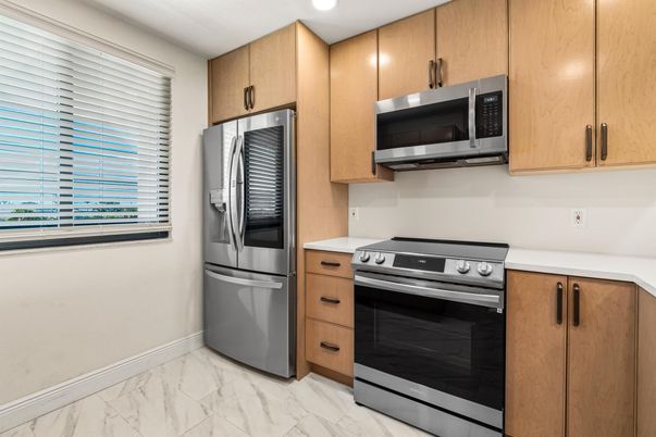 Interior, Kitchen, Marble, Recessed Lighting, Stainless Steel Appliances