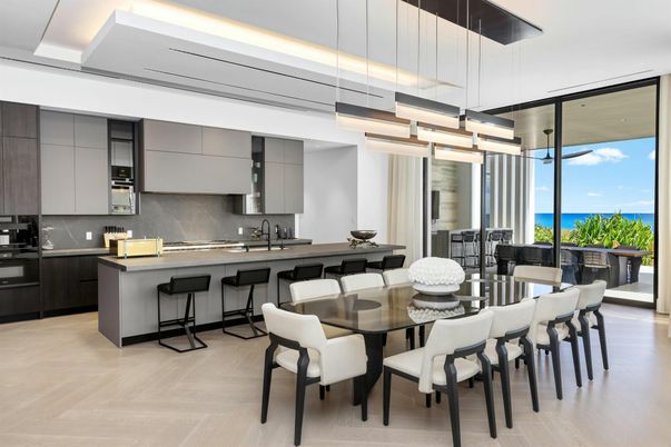Dining room, Interior, Kitchen, Pendant Lights, Stainless Steel Appliances, Water, Wood Texture Flooring