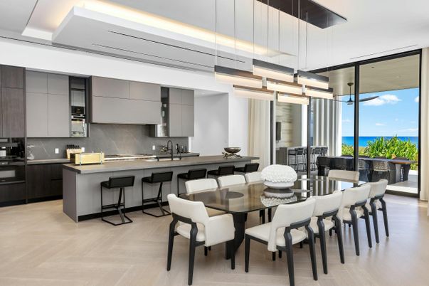 Dining room, Interior, Kitchen, Pendant Lights, Stainless Steel Appliances, Water, Wood Texture Flooring