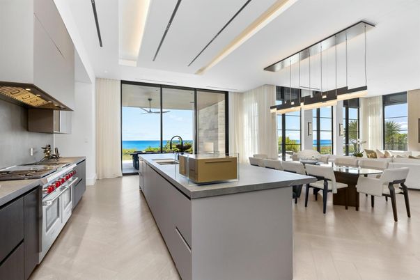 Dining room, Interior, Kitchen, Pendant Lights, Stainless Steel Appliances, Water, Wood Texture Flooring