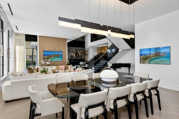 Dining room, Interior, Living room, Pendant Lights, Recessed Lighting, Wood Texture Flooring
