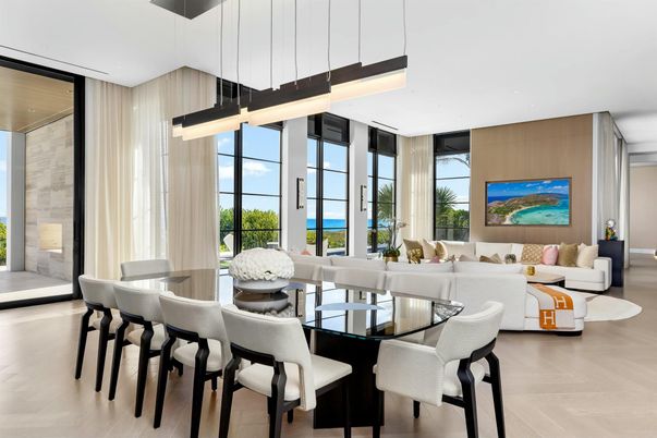 Dining room, Interior, Living room, Pendant Lights, Wood Texture Flooring