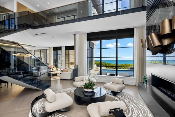 Fireplace, Interior, Living room, Piano, Recessed Lighting, Water, Wood Texture Flooring