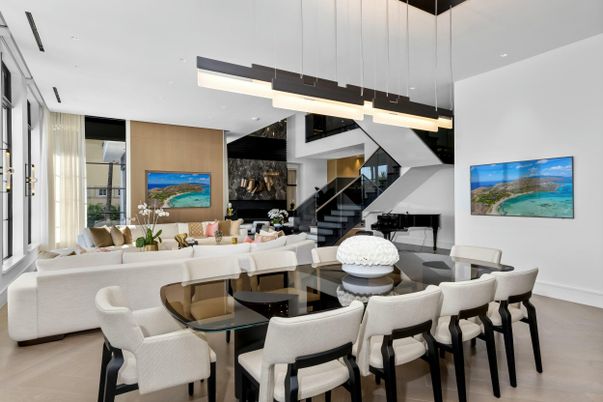 Dining room, Interior, Living room, Pendant Lights, Recessed Lighting, Wood Texture Flooring, Wooden Walls