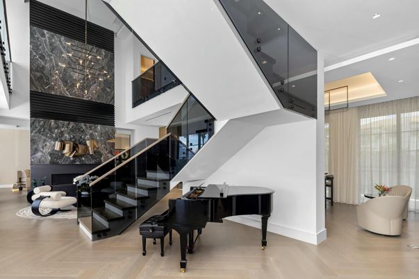 Fireplace, Interior, Pendant Lights, Piano, Recessed Lighting, Wood Texture Flooring
