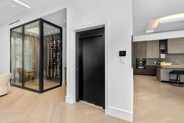 Interior, Kitchen, Recessed Lighting, Stainless Steel Appliances, Wine Storage, Wood Texture Flooring