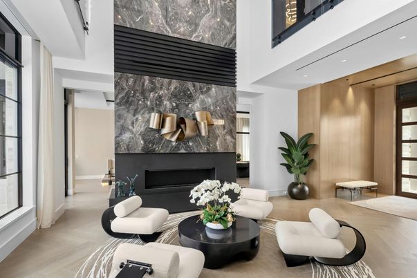 Fireplace, Interior, Living room, Marble Walls, Recessed Lighting, Wood Texture Flooring, Wooden Walls