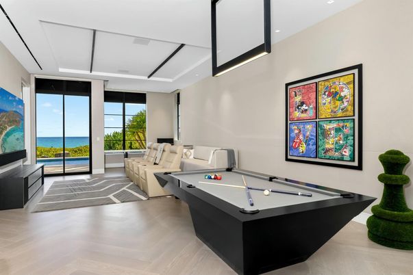 Billiard Table, Game Room, Interior, Living room, Recessed Lighting, Water, Wood Texture Flooring