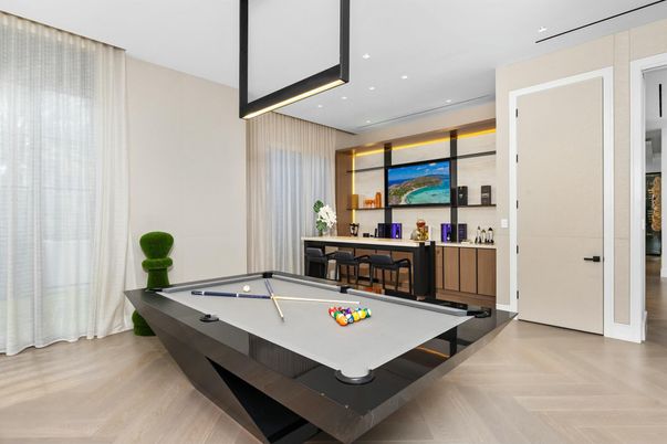 Billiard Table, Game Room, Interior, Pendant Lights, Recessed Lighting, Wood Texture Flooring
